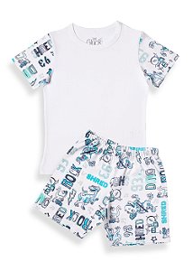 Pijama Infantil Masculino Shorts e Camiseta Manga Curta Dino Rock