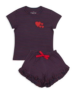 Pijama Infantil Feminino Shorts e Camiseta Manga Curta Listrado Vermelho Família