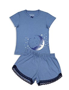 Pijama Infantil Feminino Shorts e Camiseta Manga Curta Lua Família