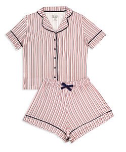 Pijama Adulto Feminino Shorts e Camiseta Manga Curta Listrado Rosa e Azul
