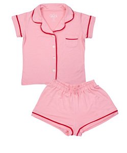 Pijama Infantil Feminino Shorts e Camisa Manga Curta Rosa e Vermelho