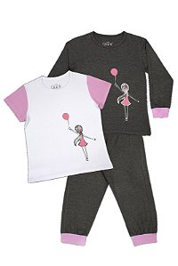 Pijama Infantil Feminino Trio Inverno Calça Camiseta Manga Longa e Manga Curta Menina Balão