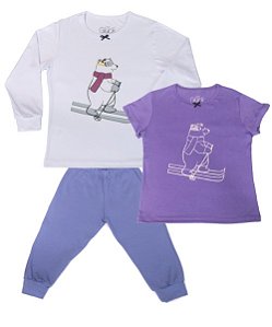 Pijama Infantil Feminino Trio Inverno Calça Camiseta Manga Curta e Longa Urso Polar