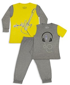 Pijama Infantil Masculino Trio Inverno Calça Camiseta Manga Longa e Camiseta Manga Curta Musical