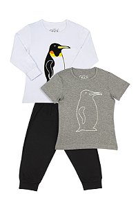 Pijama Infantil Masculino Trio Inverno Calça Camiseta Manga Longa e Manga Curta Pinguim