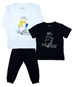Pijama Infantil Masculino Trio Inverno Calça Camiseta Manga Longa e  Manga Curta Urso Polar