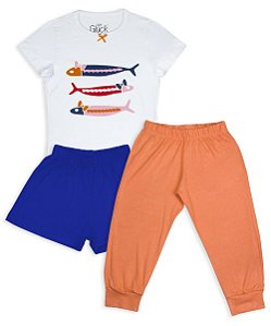 Pijama Infantil Feminino Trio Verão Shorts, Calça e Camiseta Manga Curta Peixe
