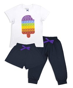 Pijama Infantil Feminino Trio Verão Shorts, Calça e Camiseta Manga Curta Picolé