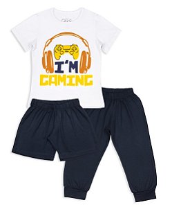 Pijama Infantil Masculino Trio Verão Shorts, Calça e Camiseta Manga Curta Game
