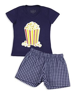 Pijama Infantil Masculino Shorts e Camiseta Manga Curta Pipoca Família