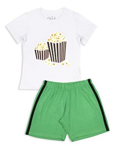 Pijama Adulto Masculino Shorts e Camiseta Manga Curta Pipoca Verde Família