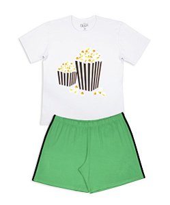 Pijama Infantil Masculino Shorts e Camiseta Manga Curta Pipoca Verde Família