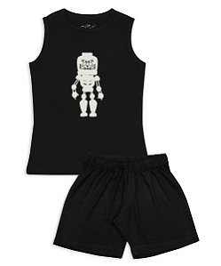 Pijama Infantil Masculino Shorts e Camiseta Regata Esqueleto Robô