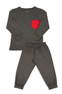Pijama Masculino Infantil Calça e Manga Longa Mescla com Bolso Vermelho