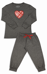 Pijama Infantil Feminino Calça e Manga Longa Mescla Coração
