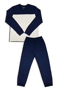 Pijama Adulto Masculino Calça Manga Longa Azul e Mescla