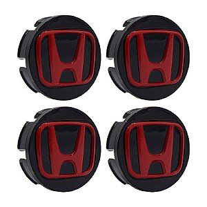Jogo de Calotinhas 58mm Centro de Roda Honda FIT Civic City WRV Preta com Vermelho