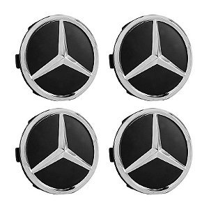 Jogo Calotinha Mercedes 75mm Preta Fosca com Emblema Cromado