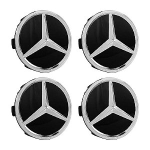 Jogo Calotinha Mercedes 75mm Preta Brilhante com Emblema Cromado