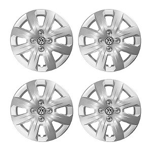 Jogo Calota Aro 14 VW Saveiro 2014/2016 Emblema Resinado + Capa de Parafuso Cromada