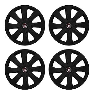 Jogo Calota Esportiva aro 13 Prime Preta Fosca Emblema Fiat Vermelho