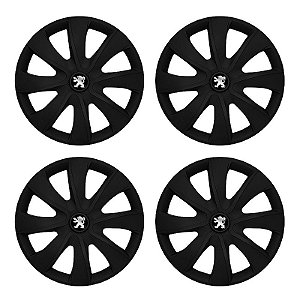 Jogo Calota Esportiva aro 13 Prime Preta Fosca Emblema Peugeot