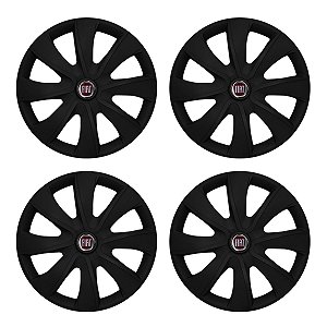 Jogo Calota Esportiva aro 14 Prime Preta Fosca Emblema Fiat Vermelho