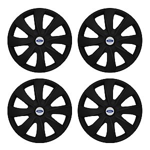 Jogo Calota Esportiva aro 14 Prime Preta Fosca Emblema Ford Prata