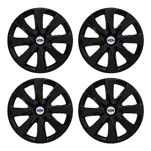 Jogo Calota Esportiva aro 14 Prime Preta Brilhante emblema Ford Prata