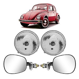 Kit Faróis lente de Vidro + Retrovisores VW Fusca 1974/1994