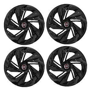 Jogo Calota Esportiva Aro 14 Nitro Preta Brilhante emblema Fiat Vermelho