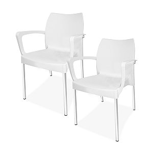 2 Cadeira plástica poltrona pés de Alumínio Branca