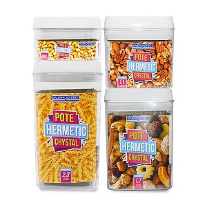 Kit 4 Potes Herméticos Crystal Tampa Branca 4 Tamanhos 0,400 L / 1,1 L / 1,7L / 2,3 L