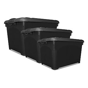Kit 3 Caixas Organizadoras Preta 45L 65L e 95L Com Trava e Rodinha