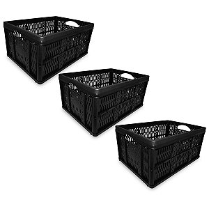 3 Caixa Caixote Plástico Dobrável Desmontável 32L Preta 10kg
