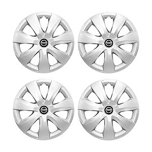 Jogo Calota Aro 14 De Pressão Nissan March Prata + Emblema