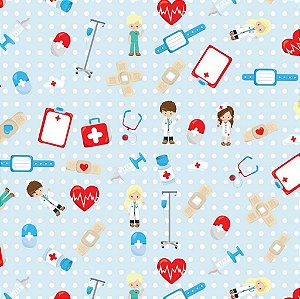 Tecido Oxfordine Estampa Digital 5m - Enfermagem com Fundo Azul