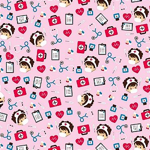 Tecido Oxfordine Estampa Digital 5m - Enfermagem com Fundo Rosa