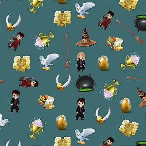 Tecido Oxfordine Estampa Digital 5m -Harry Potter fundo Verde