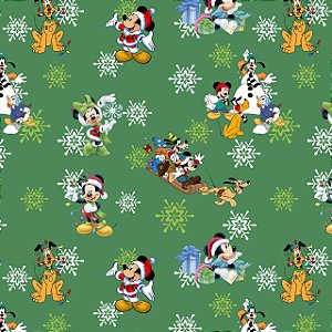 Tecido Microfibra Estampa Digital 0.50 cm - Natal Mickey e Minnie verde