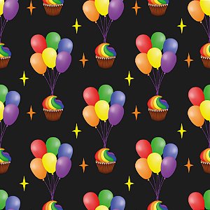 Tecido Microfibra Estampa Digital 0.50 cm - Aniversário, balões e cupcakes preto