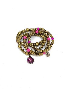 PULSEIRA 4V. DE ABS O. VELHO COM CRISTAL E RESINA PINK E PINGENTE FLOR