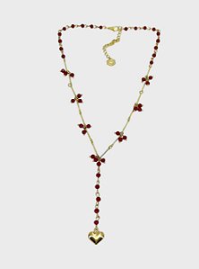 COLAR 1V. DE CRISTAIS VERMELHOS E PINGENTINHO DE CORAÇÃO DOURADO