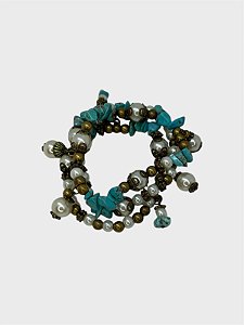 Pulseira 3v, de cascalho turquesa, pérolas e entremeio o. velho