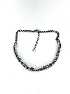 Colar aro ondulado grafite com strass cristal, black diamont e jet hematite