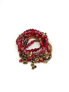 Pulseira 6v. de cristais vermelhos, salmão e abs o. velho