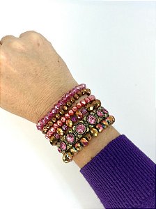 Pulseira 6v. de cristais dourados, fucsia e peças o. velho com strass