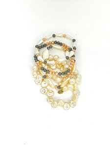Pulseira 5v. de diversas pérolas abs, cristal salmão e cinza
