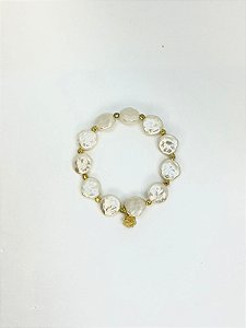 Pulseira 1v. de pérola achatada e cristal pequeno dourado