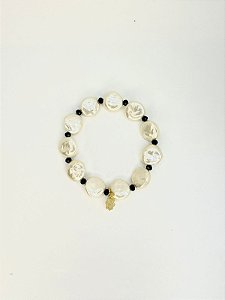 Pulseira 1v. de pérola achatada e cristal pequeno marinho